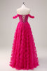 Laden Sie das Bild in den Galerie-Viewer, Glitzer Fuchsia A Linien Schulterfrei Langes Korsett Langes Ballkleid mit Schlitz