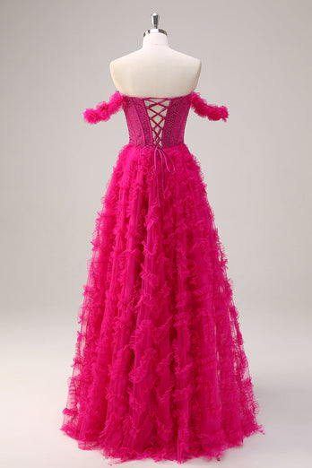 Glitzer Fuchsia A Linien Schulterfrei Langes Korsett Langes Ballkleid mit Schlitz