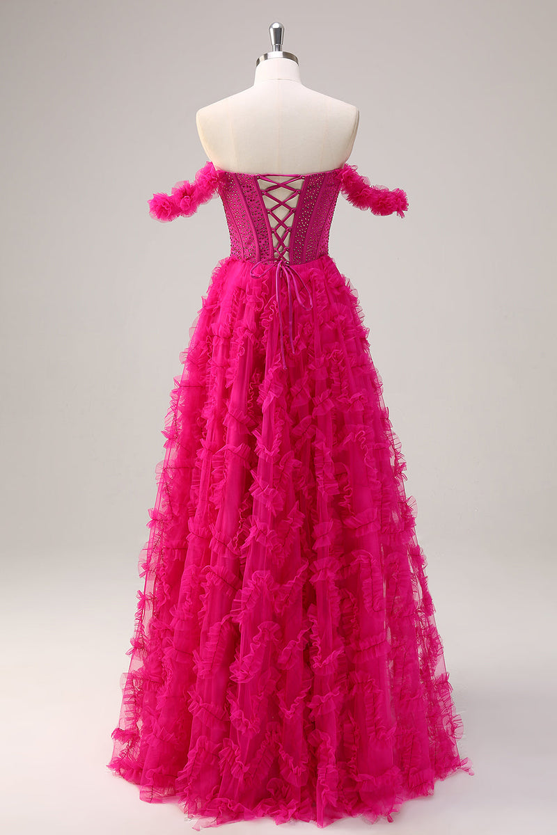 Laden Sie das Bild in den Galerie-Viewer, Glitzer Fuchsia A Linien Schulterfrei Langes Korsett Langes Ballkleid mit Schlitz