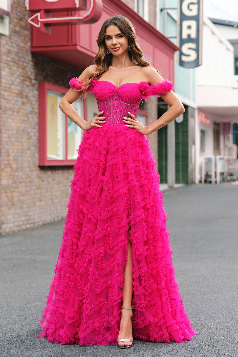 Laden Sie das Bild in den Galerie-Viewer, Glitzer Fuchsia A Linien Schulterfrei Langes Korsett Langes Ballkleid mit Schlitz