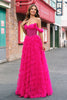 Laden Sie das Bild in den Galerie-Viewer, Glitzer Fuchsia A Linien Schulterfrei Langes Korsett Langes Ballkleid mit Schlitz