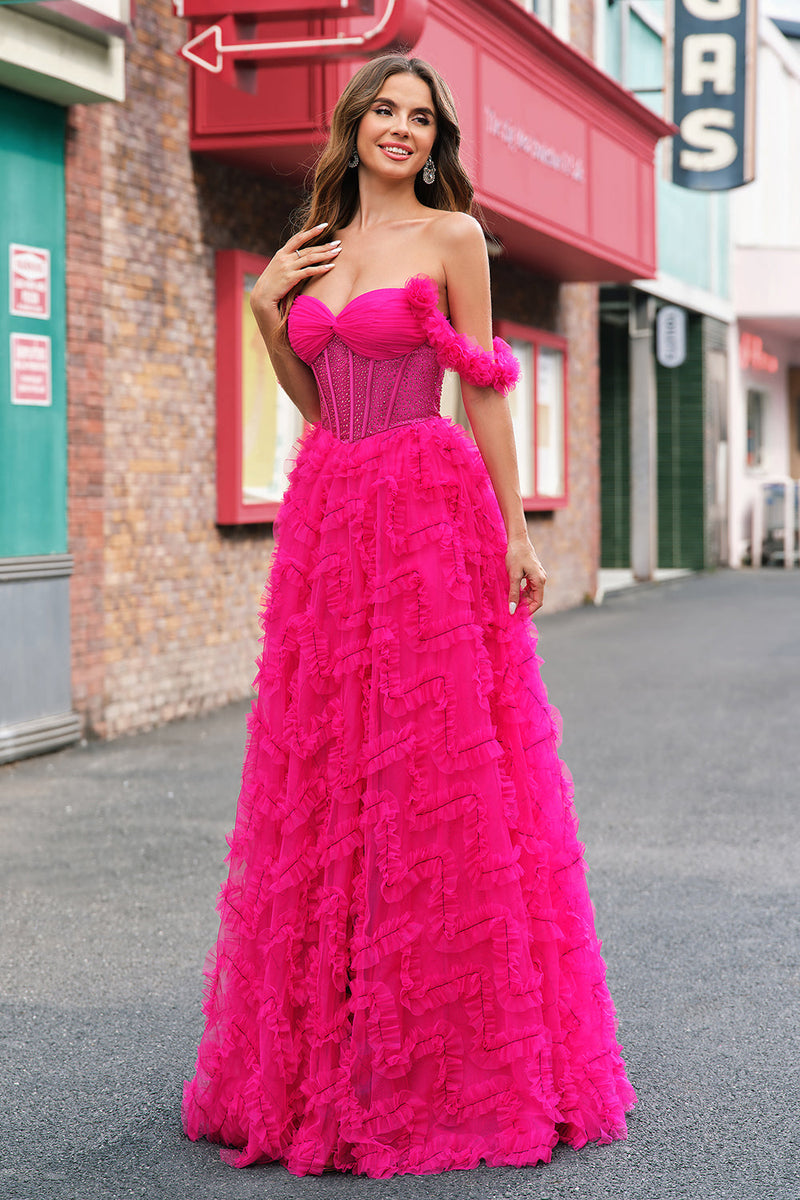 Laden Sie das Bild in den Galerie-Viewer, Glitzer Fuchsia A Linien Schulterfrei Langes Korsett Langes Ballkleid mit Schlitz