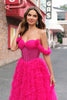 Laden Sie das Bild in den Galerie-Viewer, Glitzer Fuchsia A Linien Schulterfrei Langes Korsett Langes Ballkleid mit Schlitz