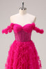 Laden Sie das Bild in den Galerie-Viewer, Glitzer Fuchsia A Linien Korsett Langes Ballkleid mit Schlitze