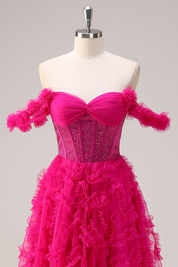 Glitzer Fuchsia A Linien Korsett Langes Ballkleid mit Schlitze