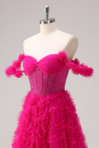 Glitzer Fuchsia A Linien Korsett Langes Ballkleid mit Schlitze