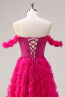 Laden Sie das Bild in den Galerie-Viewer, Glitzer Fuchsia A Linien Korsett Langes Ballkleid mit Schlitze