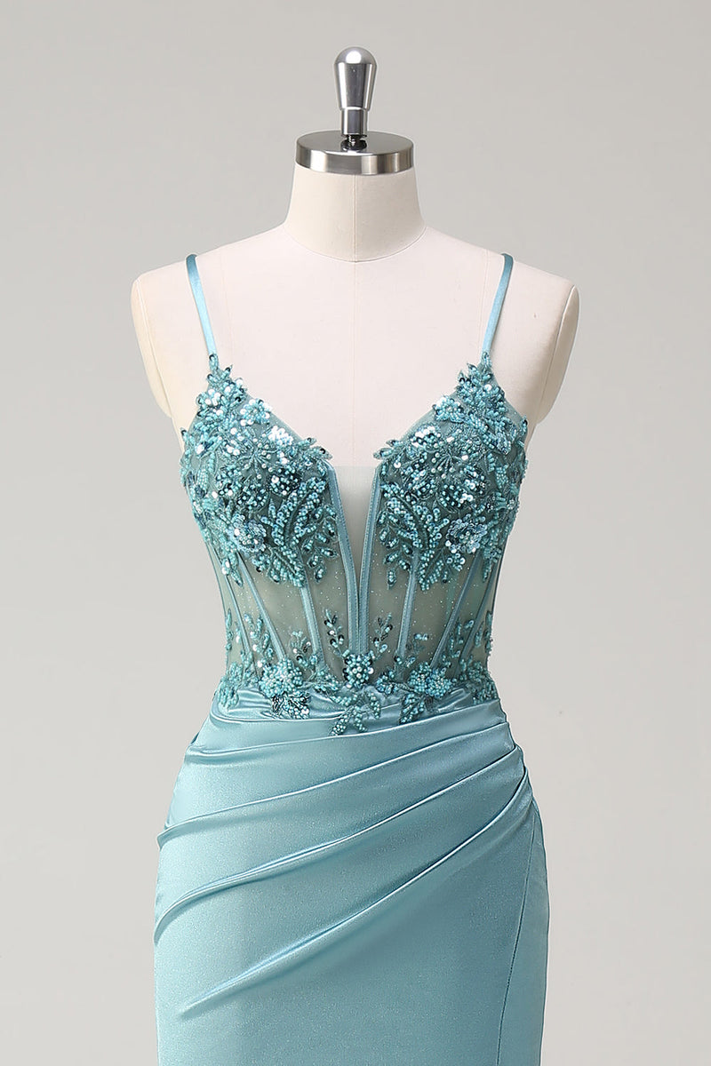 Laden Sie das Bild in den Galerie-Viewer, Glitzer Blaues Meerjungfrauen Korsett Langes Ballkleid mit Schlitz