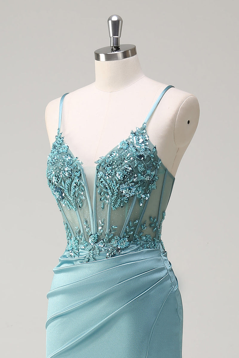 Laden Sie das Bild in den Galerie-Viewer, Glitzer Blaues Meerjungfrauen Korsett Langes Ballkleid mit Schlitz
