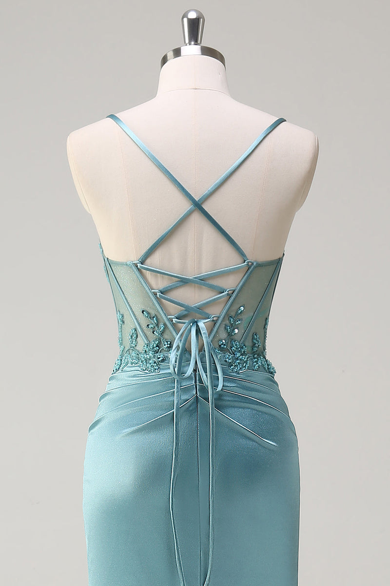 Laden Sie das Bild in den Galerie-Viewer, Glitzer Blaues Meerjungfrauen Korsett Langes Ballkleid mit Schlitz