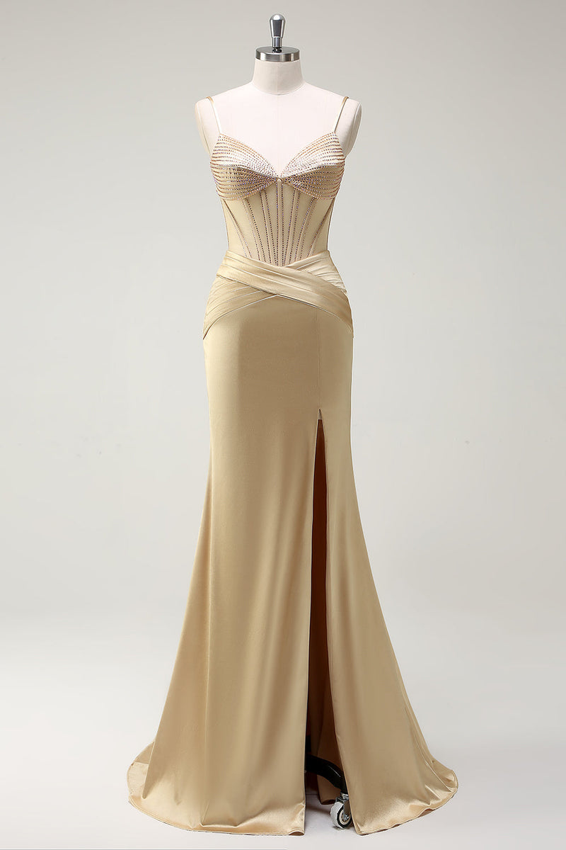 Laden Sie das Bild in den Galerie-Viewer, Glitzer Golden Korsett Meerjungfrau Spaghettiträger Langes Ballkleid mit Schlitz