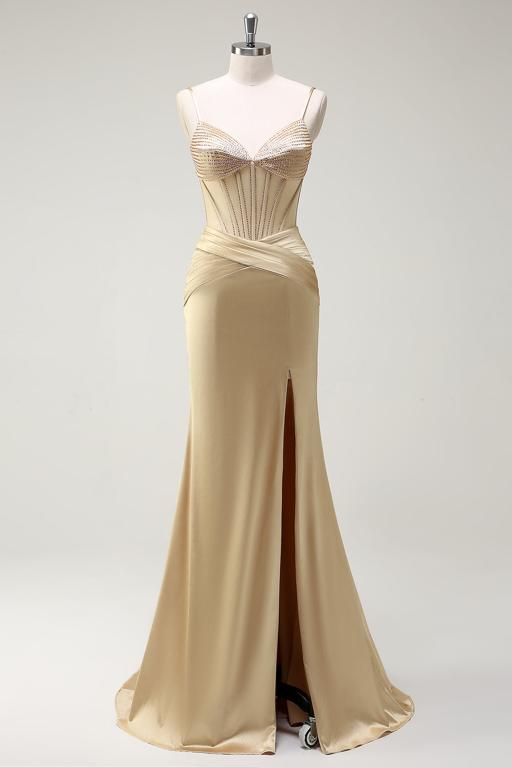 Glitzer Golden Korsett Meerjungfrau Spaghettiträger Langes Ballkleid mit Schlitz