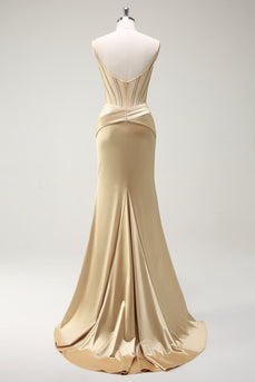Glitzer Golden Korsett Meerjungfrau Spaghettiträger Langes Ballkleid mit Schlitz