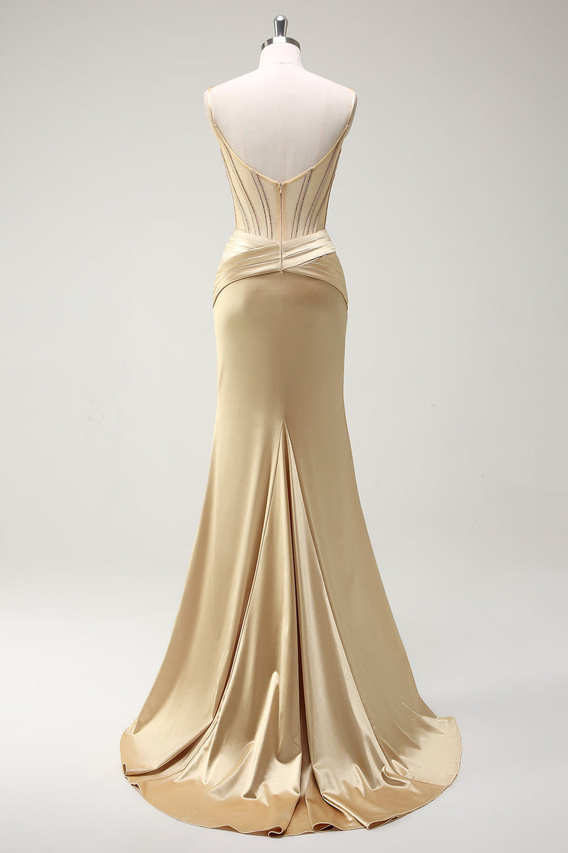 Laden Sie das Bild in den Galerie-Viewer, Glitzer Golden Korsett Meerjungfrau Spaghettiträger Langes Ballkleid mit Schlitz