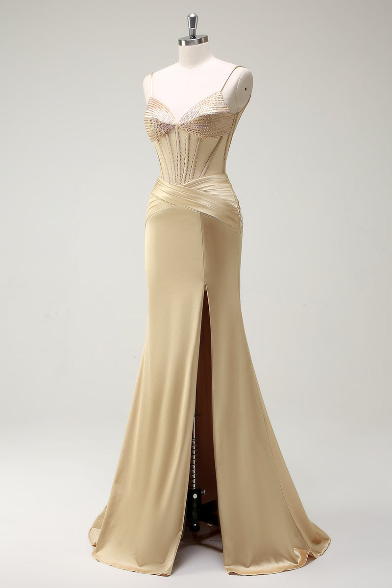 Laden Sie das Bild in den Galerie-Viewer, Glitzer Golden Korsett Meerjungfrau Spaghettiträger Langes Ballkleid mit Schlitz