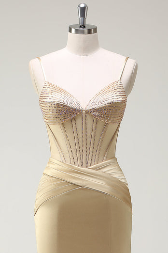 Glitzer Golden Korsett Meerjungfrau Spaghettiträger Langes Ballkleid mit Schlitz