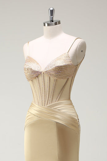Glitzer Golden Korsett Meerjungfrau Spaghettiträger Langes Ballkleid mit Schlitz