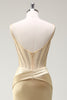 Laden Sie das Bild in den Galerie-Viewer, Glitzer Golden Korsett Meerjungfrau Spaghettiträger Langes Ballkleid mit Schlitz