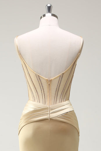 Glitzer Golden Korsett Meerjungfrau Spaghettiträger Langes Ballkleid mit Schlitz