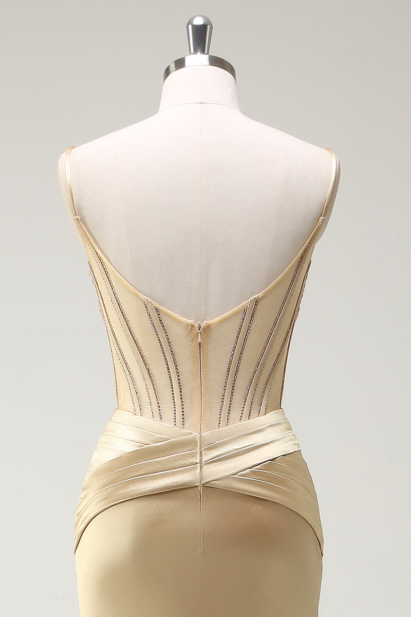 Laden Sie das Bild in den Galerie-Viewer, Glitzer Golden Korsett Meerjungfrau Spaghettiträger Langes Ballkleid mit Schlitz