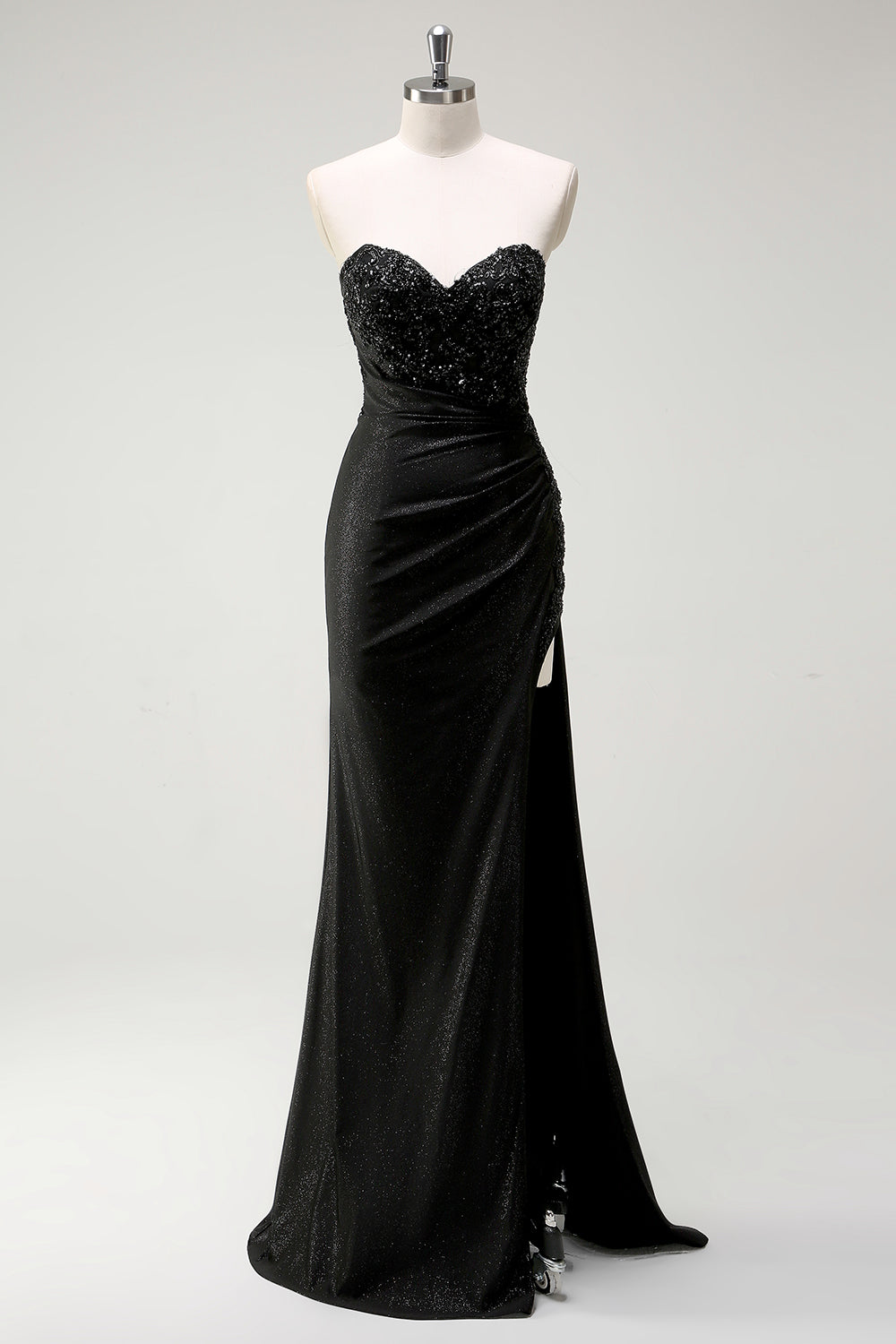 Glitzer Schwarz Herzhals Pailletten Langes Ballkleid mit Schlitz