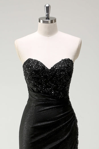 Glitzer Schwarz Herzhals Pailletten Langes Ballkleid mit Schlitz