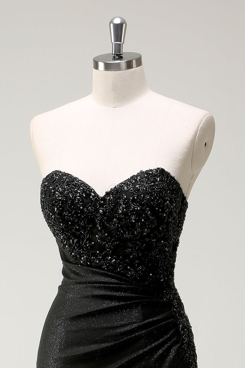 Laden Sie das Bild in den Galerie-Viewer, Glitzer Schwarz Herzhals Pailletten Langes Ballkleid mit Schlitz