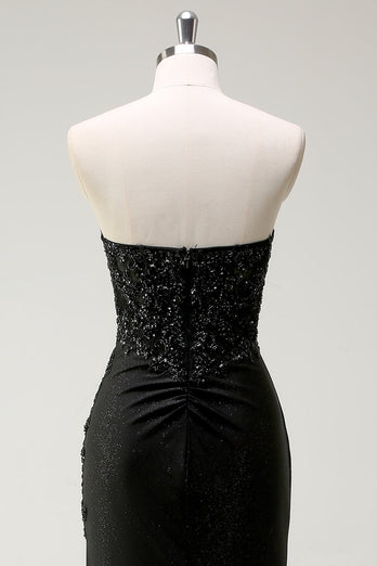 Glitzer Schwarz Herzhals Pailletten Langes Ballkleid mit Schlitz