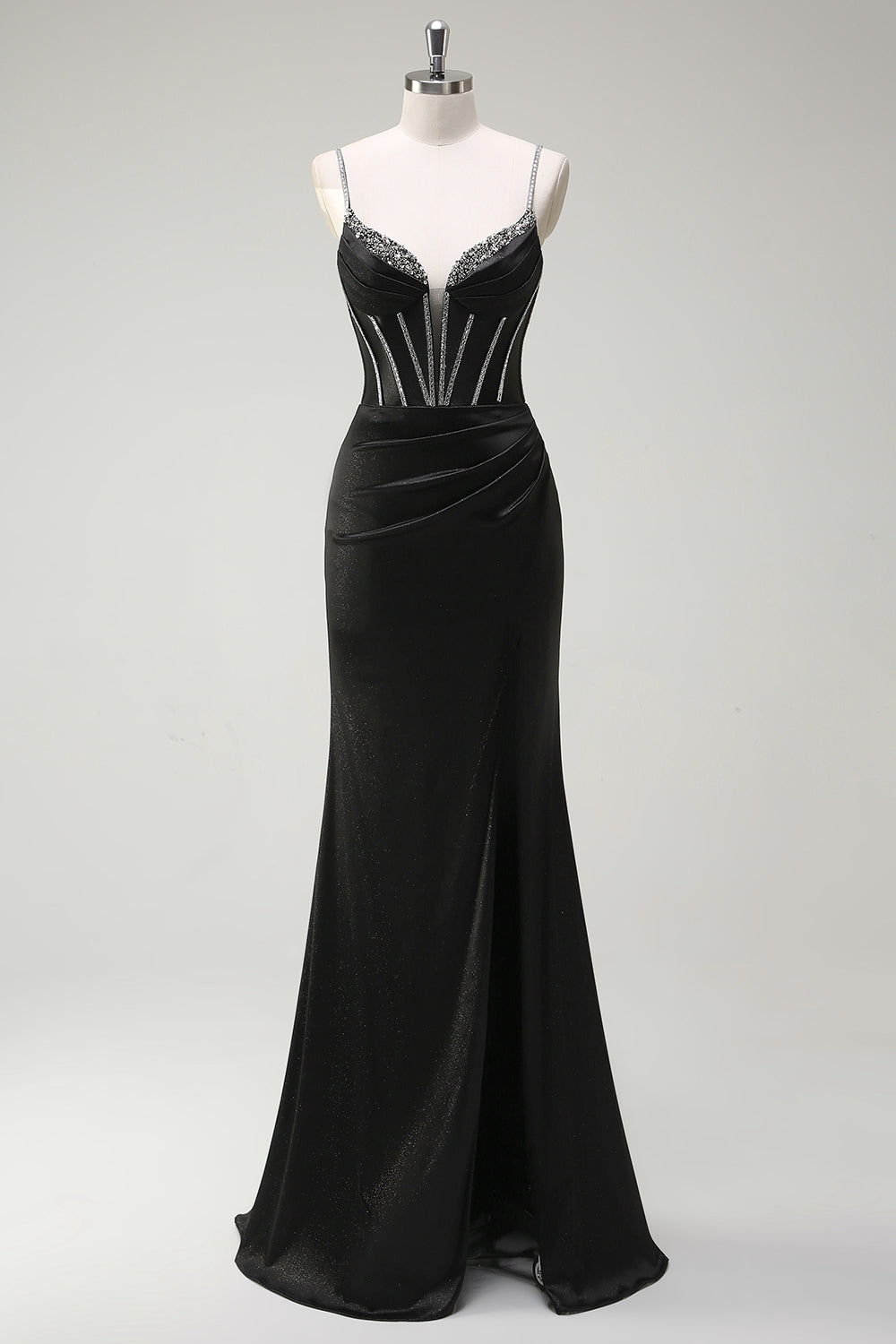 Schwarz Meerjungfrau Spaghettiträger Korsett Langes Ballkleid mit Schlitz