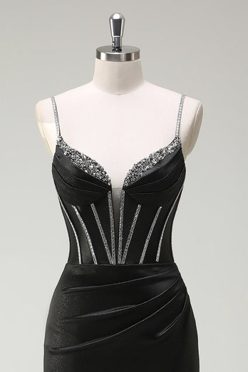 Schwarz Meerjungfrau Spaghettiträger Korsett Langes Ballkleid mit Schlitz