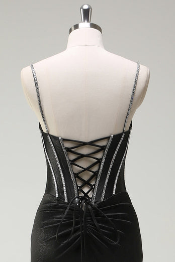 Schwarz Meerjungfrau Spaghettiträger Korsett Langes Ballkleid mit Schlitz