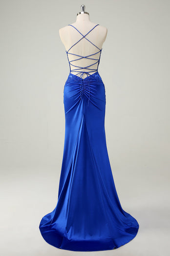 Königsblau Meerjungfrau Korsett Spaghettiträger  Langes Ballkleid mit Schlitz