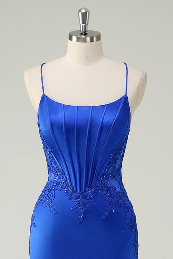 Königsblau Meerjungfrau Korsett Spaghettiträger  Langes Ballkleid mit Schlitz