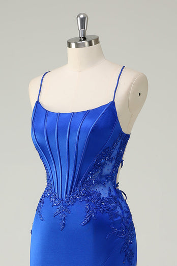 Königsblau Meerjungfrau Korsett Spaghettiträger  Langes Ballkleid mit Schlitz