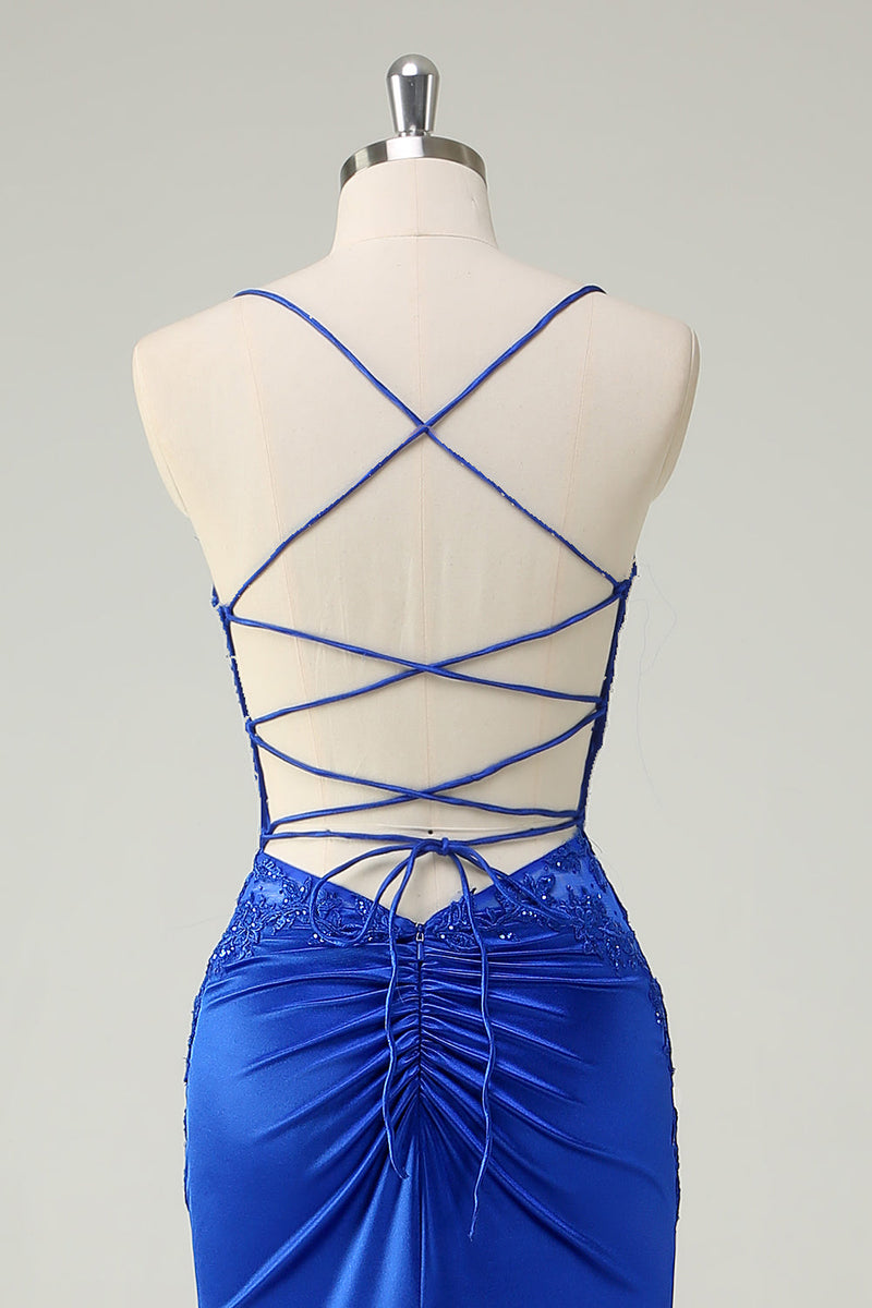 Laden Sie das Bild in den Galerie-Viewer, Königsblau Meerjungfrau Korsett Spaghettiträger  Langes Ballkleid mit Schlitz