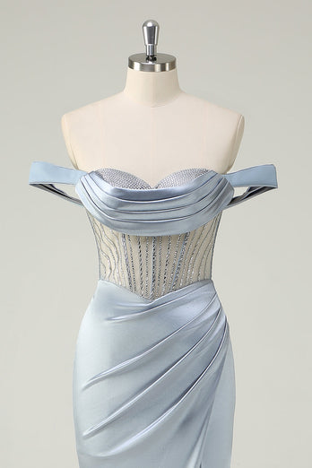Staubblaues Meerjungfrauen Korsett Schulterfreies Langes Ballkleid mit Schlitz