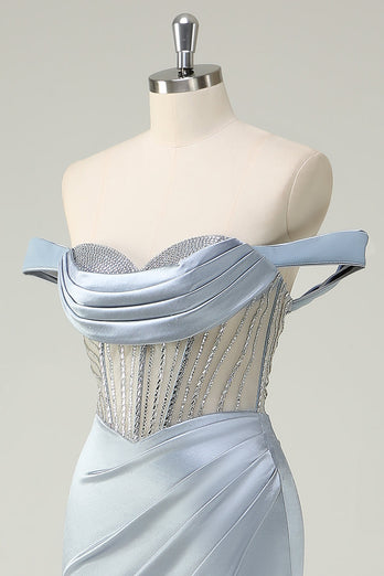 Staubblaues Meerjungfrauen Korsett Schulterfreies Langes Ballkleid mit Schlitz