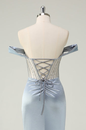 Staubblaues Meerjungfrauen Korsett Schulterfreies Langes Ballkleid mit Schlitz