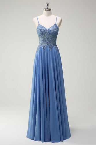A Linie Graublau Spaghettiträger Langes Ballkleid mit Applikationen