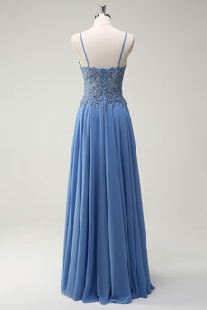 A Linie Graublau Spaghettiträger Langes Ballkleid mit Applikationen