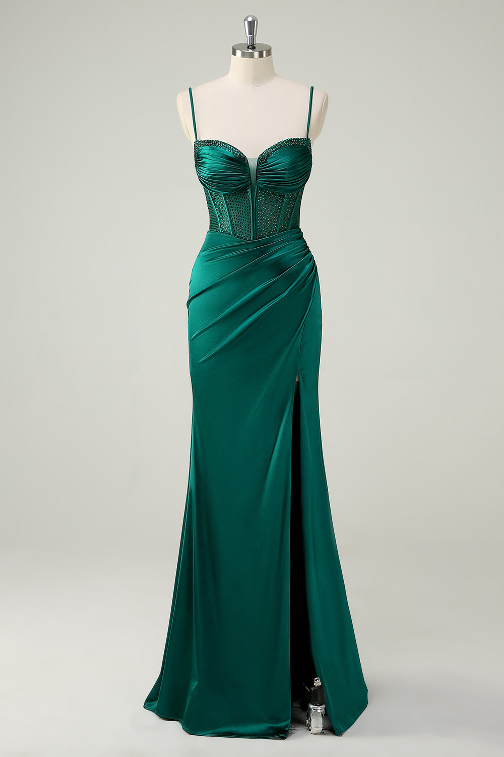 Dunkelgrün Meerjungfrauen Spaghettiträger Korsett Langes Ballkleid mit Schlitz