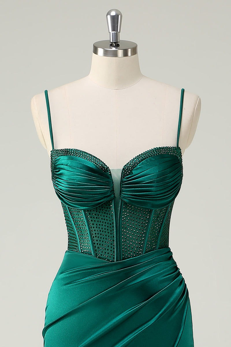 Laden Sie das Bild in den Galerie-Viewer, Dunkelgrün Meerjungfrauen Spaghettiträger Korsett Langes Ballkleid mit Schlitz