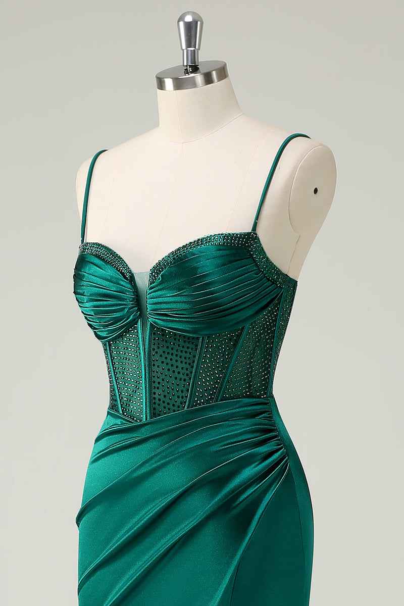 Laden Sie das Bild in den Galerie-Viewer, Dunkelgrün Meerjungfrauen Spaghettiträger Korsett Langes Ballkleid mit Schlitz