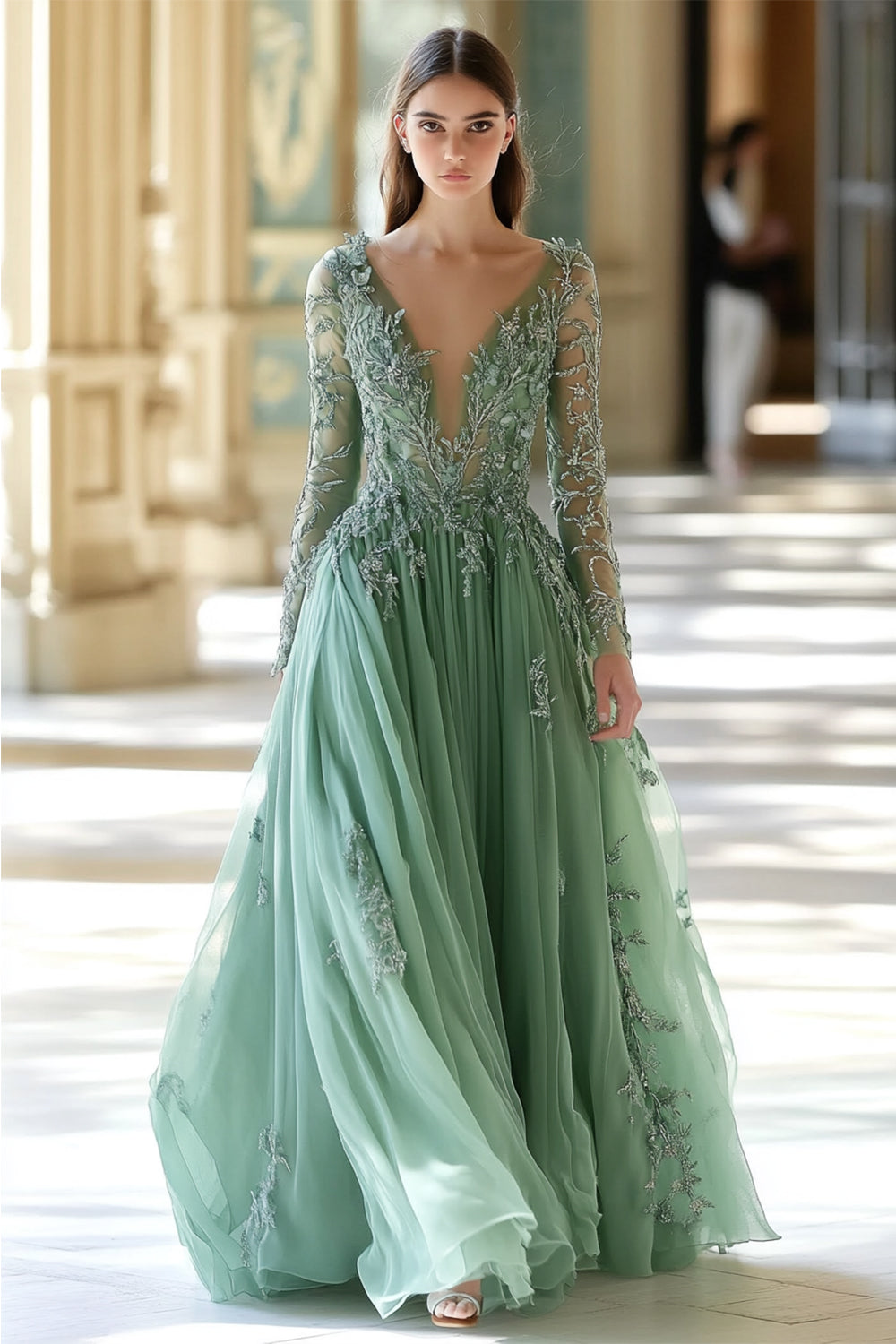 Blumen Salbei V-Ausschnitt Glitzer Korsett Langes Abendkleid mit Ärmeln