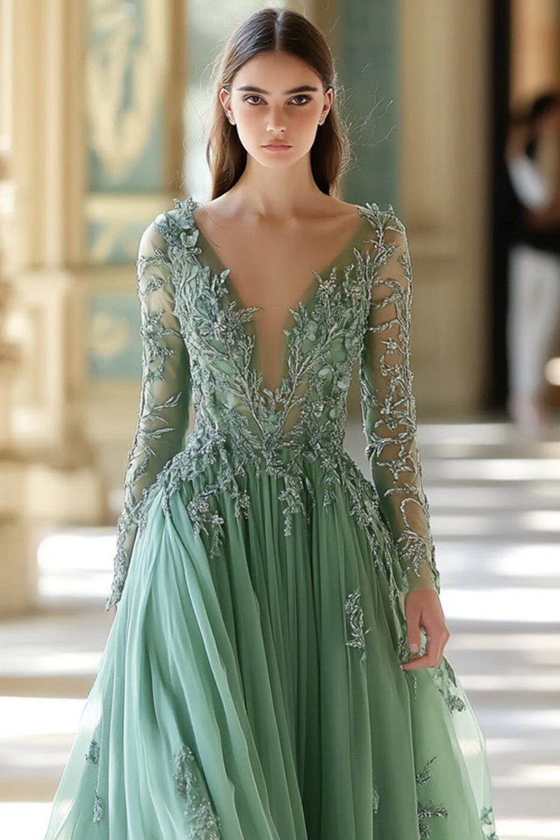 Laden Sie das Bild in den Galerie-Viewer, Blumen Salbei V-Ausschnitt Glitzer Korsett Langes Abendkleid mit Ärmeln
