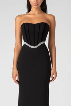 Schwarz Trägerlos Korsett Langes Abendkleid mit Perlengürtel