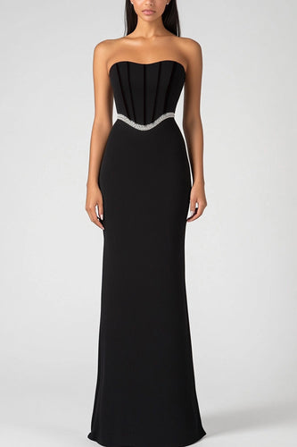 Schwarz Trägerlos Korsett Langes Abendkleid mit Perlengürtel