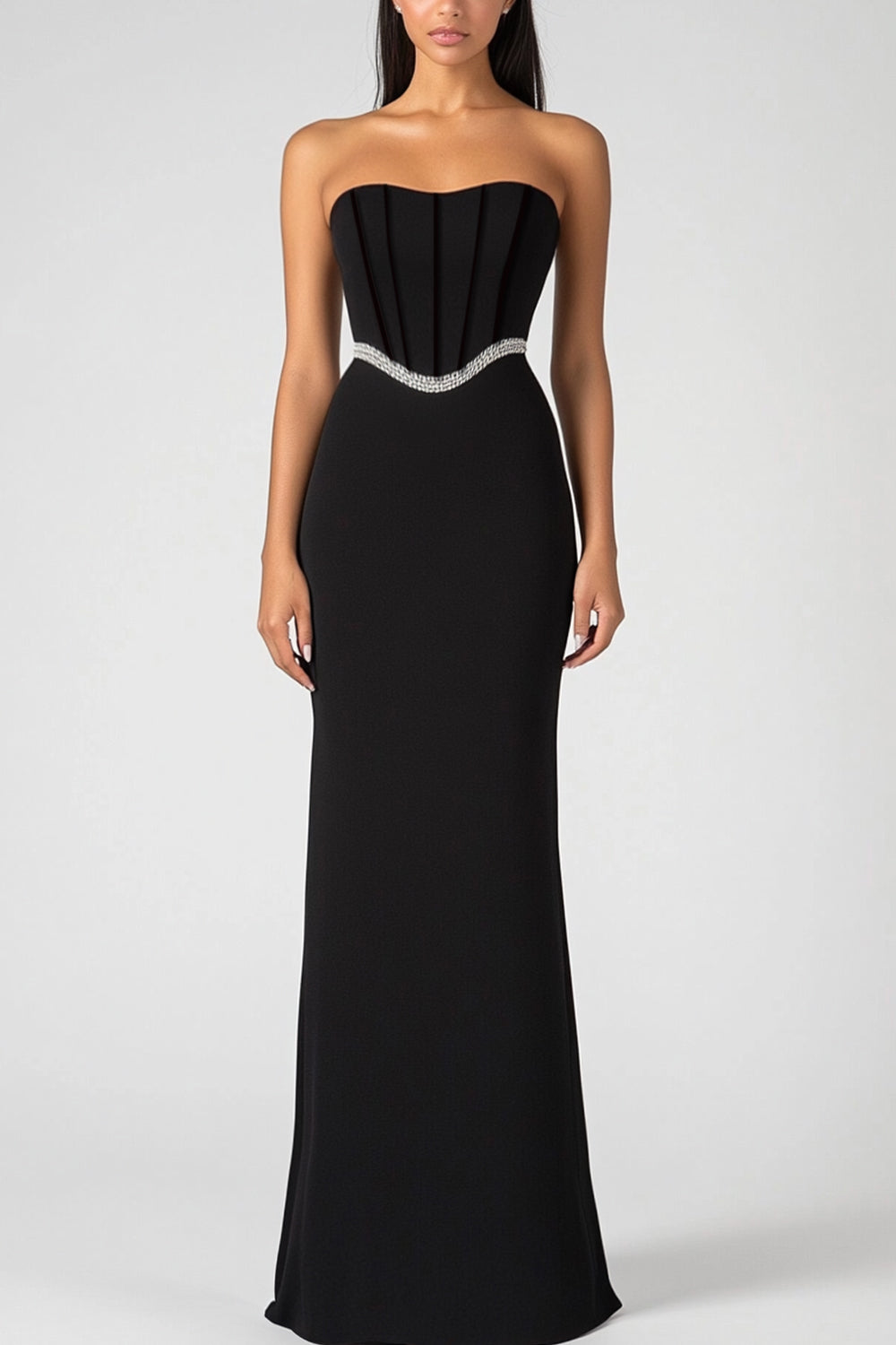 Schwarz Trägerlos Korsett Langes Abendkleid mit Perlengürtel