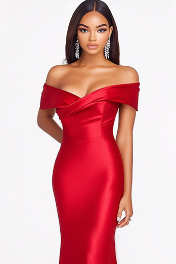 Elegant Rote Schulterfreie Meerjungfrau Langes Abendkleid