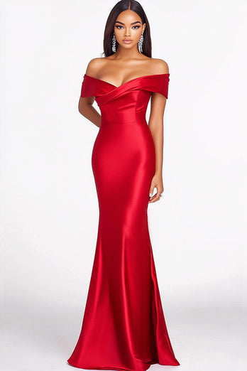 Elegant Rote Schulterfreie Meerjungfrau Langes Abendkleid